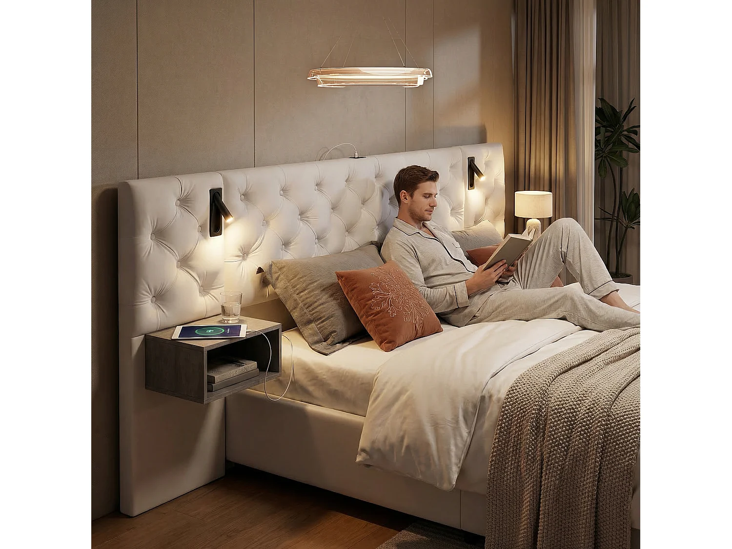 Opbergbed van 140x200 cm met lattenbodem - hoofdbord met 2 nachtkastjes - leeslampje en USB-poort - fluwelen bekleding - gebroken wit