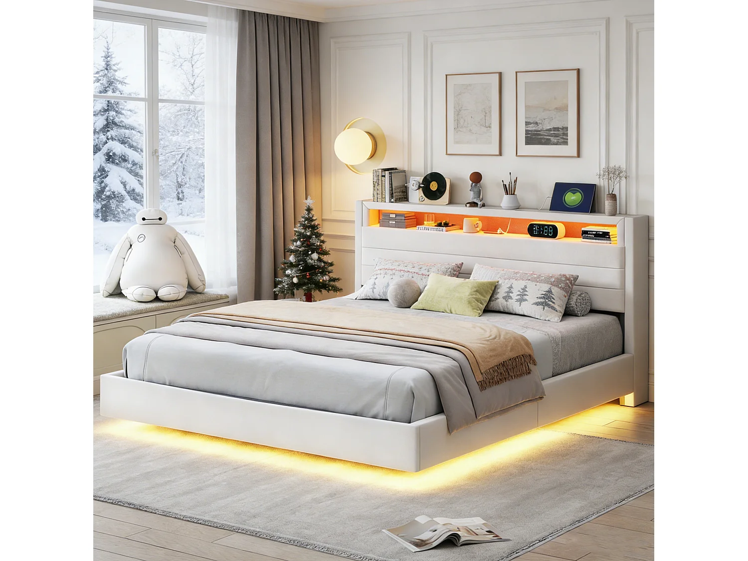 Lit coffre capitonné 160 x 200 cm, sommier à Lattes,  rembourré tête de lit rangement, LED et USB, lit flottant 160x200 tissu lin, biege