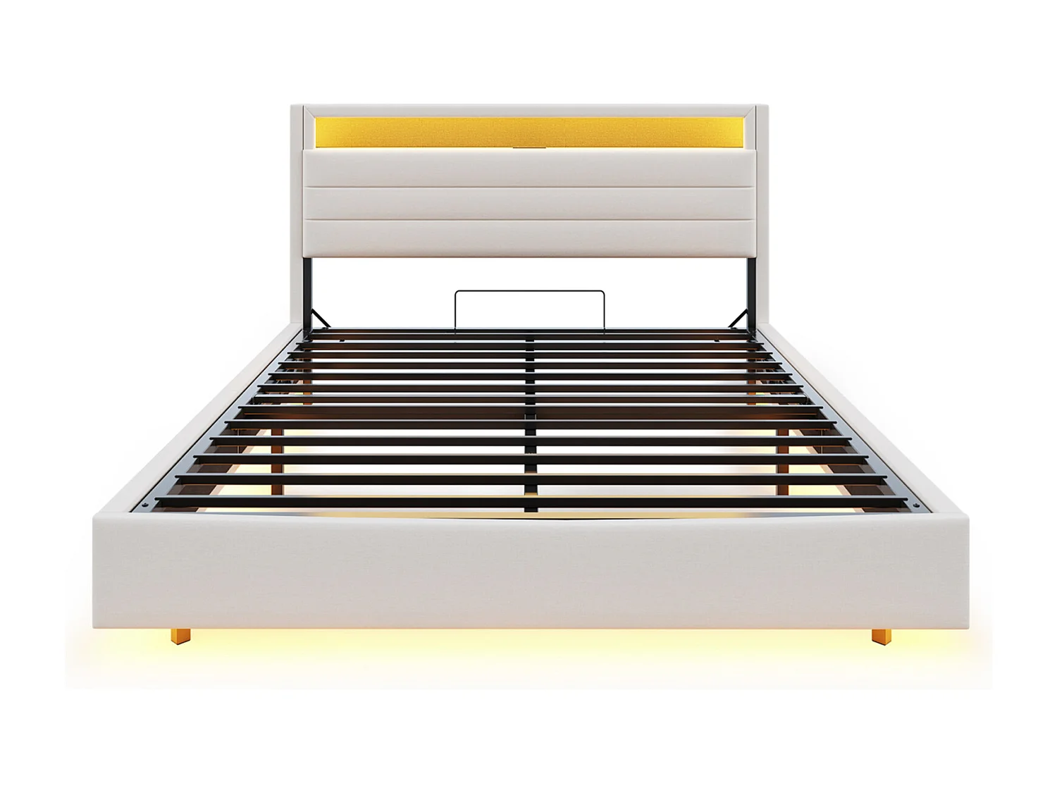 Lit coffre capitonné 160 x 200 cm, sommier à Lattes,  rembourré tête de lit rangement, LED et USB, lit flottant 160x200 tissu lin, biege