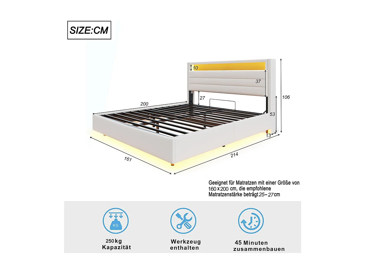 Lit coffre capitonné 160 x 200 cm, sommier à Lattes,  rembourré tête de lit rangement, LED et USB, lit flottant 160x200 tissu lin, biege