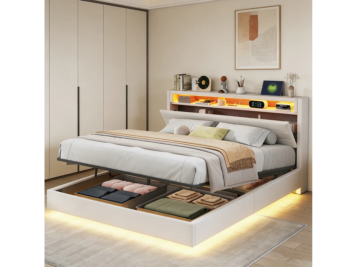 Lit coffre flottant 160x200 cm avec tête de lit capitonnée, rangement, LED et USB, sommier à lattes en lin beige