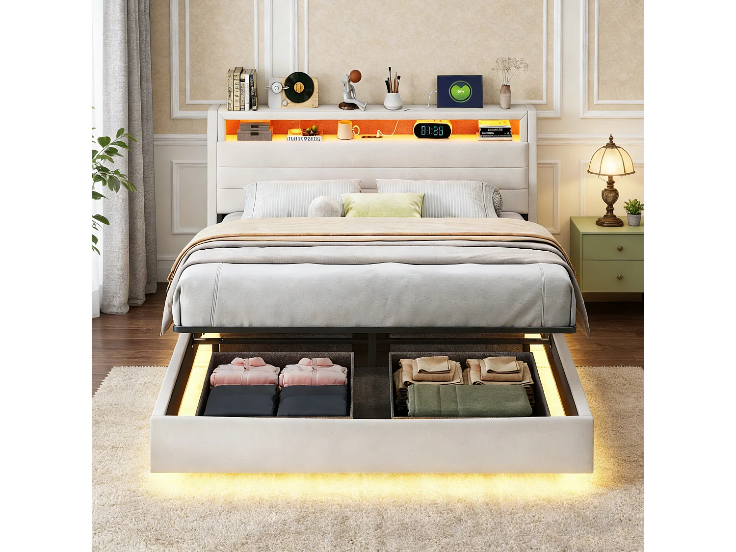 Lit coffre flottant 160x200 cm avec tête de lit capitonnée, rangement, LED et USB, sommier à lattes en lin beige