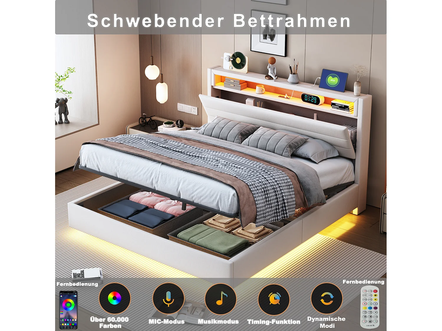 Lit coffre flottant 160x200 cm avec tête de lit capitonnée, rangement, LED et USB, sommier à lattes en lin beige