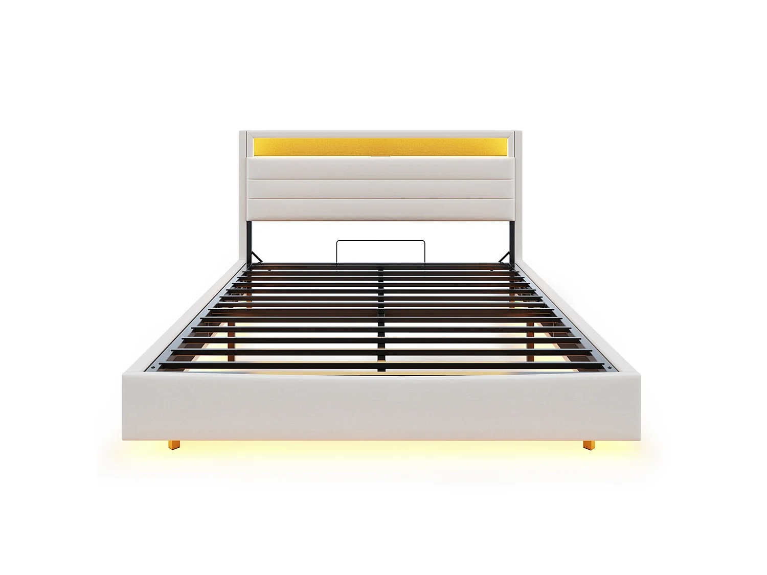 Lit coffre flottant 160x200 cm avec tête de lit capitonnée, rangement, LED et USB, sommier à lattes en lin beige