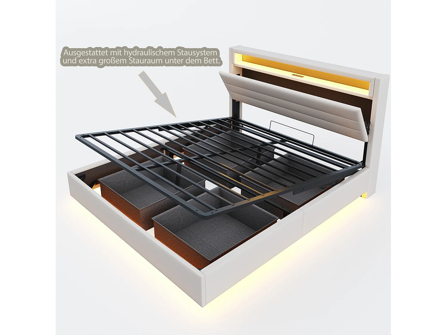 Lit coffre flottant 160x200 cm avec tête de lit capitonnée, rangement, LED et USB, sommier à lattes en lin beige