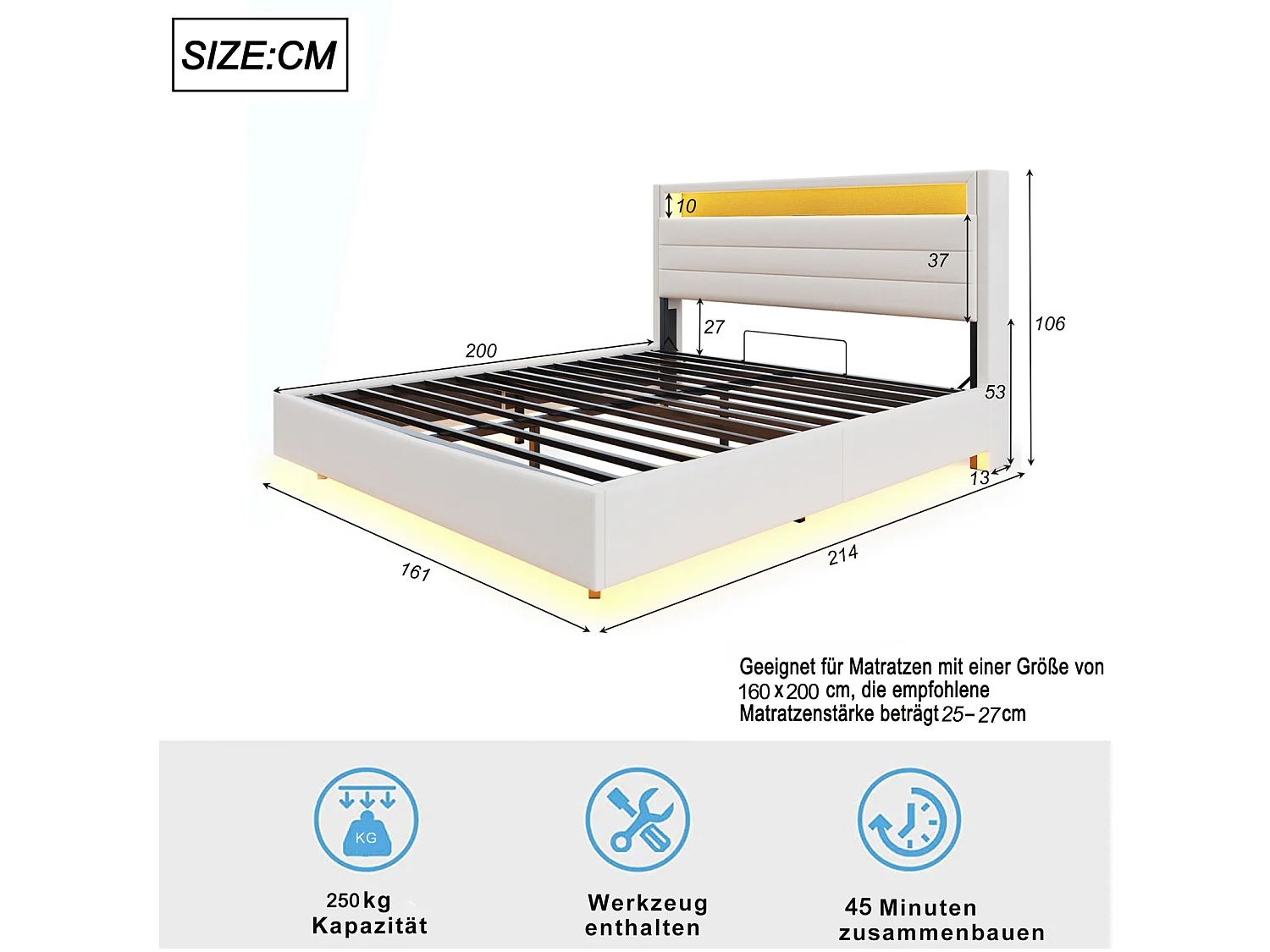 Lit coffre flottant 160x200 cm avec tête de lit capitonnée, rangement, LED et USB, sommier à lattes en lin beige