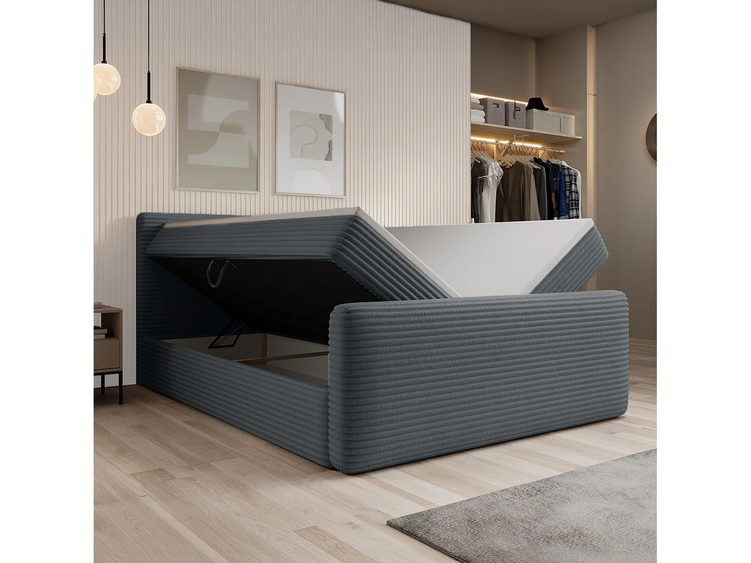 Lit coffre + matelas Napoli 180cm velours côtelé Gris Foncé