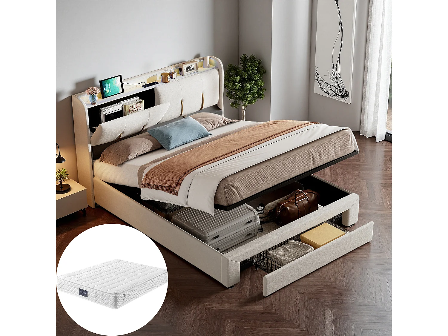 Lit coffre 160x200 cm Ensemble complet - Matelas tête de lit capitonnée et sommier à lattes - lit adulte avec tiroirs - LED et USB - Velours - Blanc