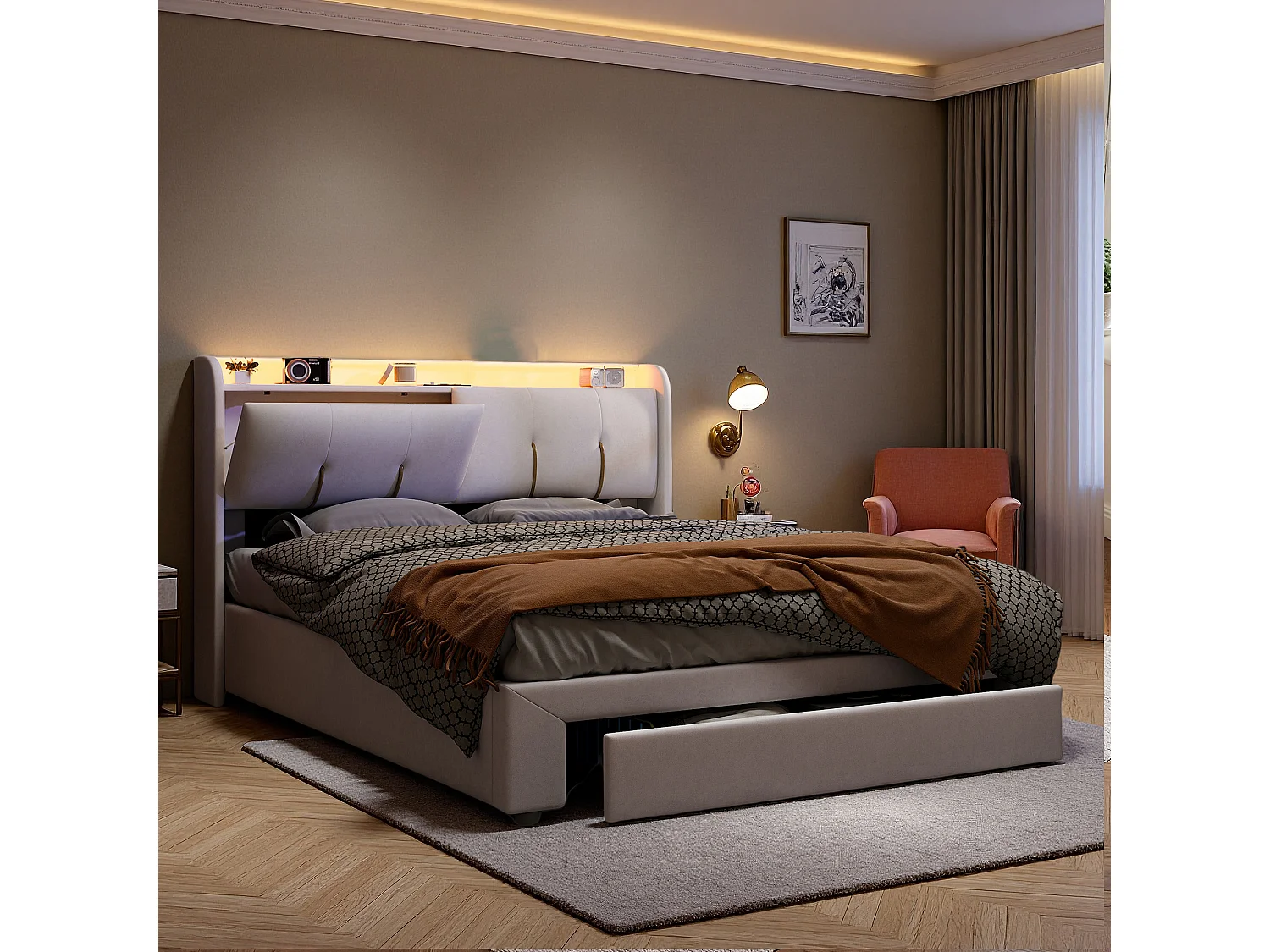 Lit coffre 160x200 cm Ensemble complet - Matelas tête de lit capitonnée et sommier à lattes - lit adulte avec tiroirs - LED et USB - Velours - Blanc