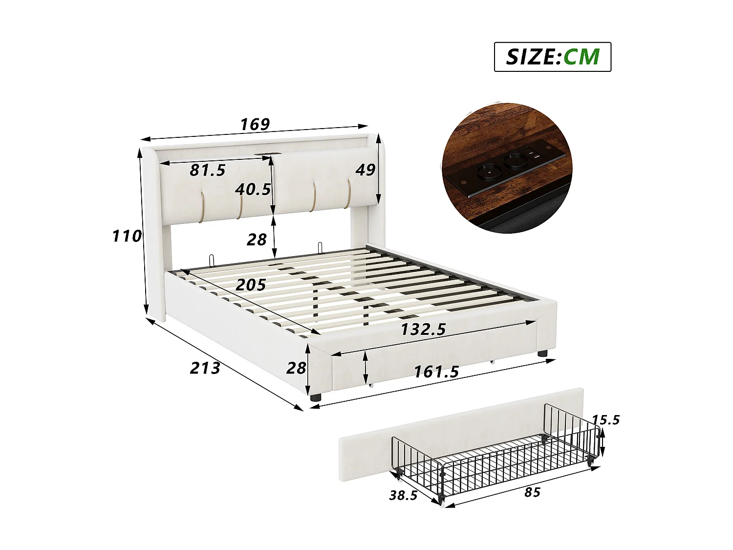 Lit coffre 160x200 cm Ensemble complet - Matelas tête de lit capitonnée et sommier à lattes - lit adulte avec tiroirs - LED et USB - Velours - Blanc