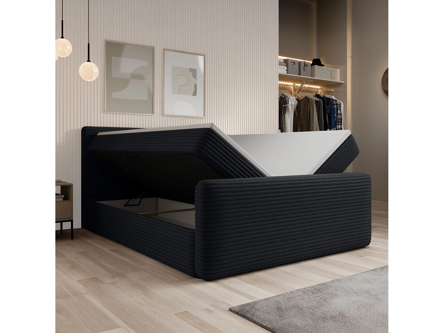 Lit coffre + matelas Napoli 160cm velours côtelé Noir