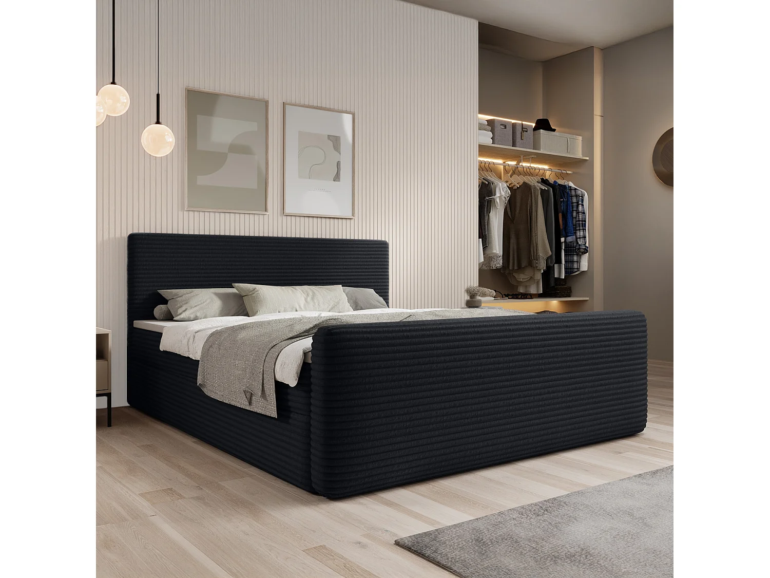 Lit coffre + matelas Napoli 160cm velours côtelé Noir