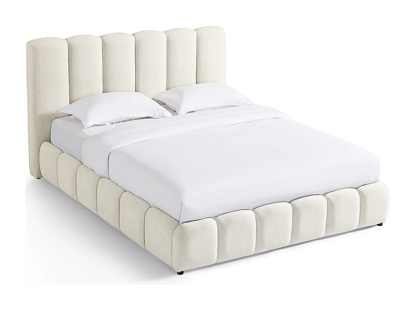 Lit coffre adulte 160x200 cm avec tête de lit capitonnée en tissu chenille beige - Nils