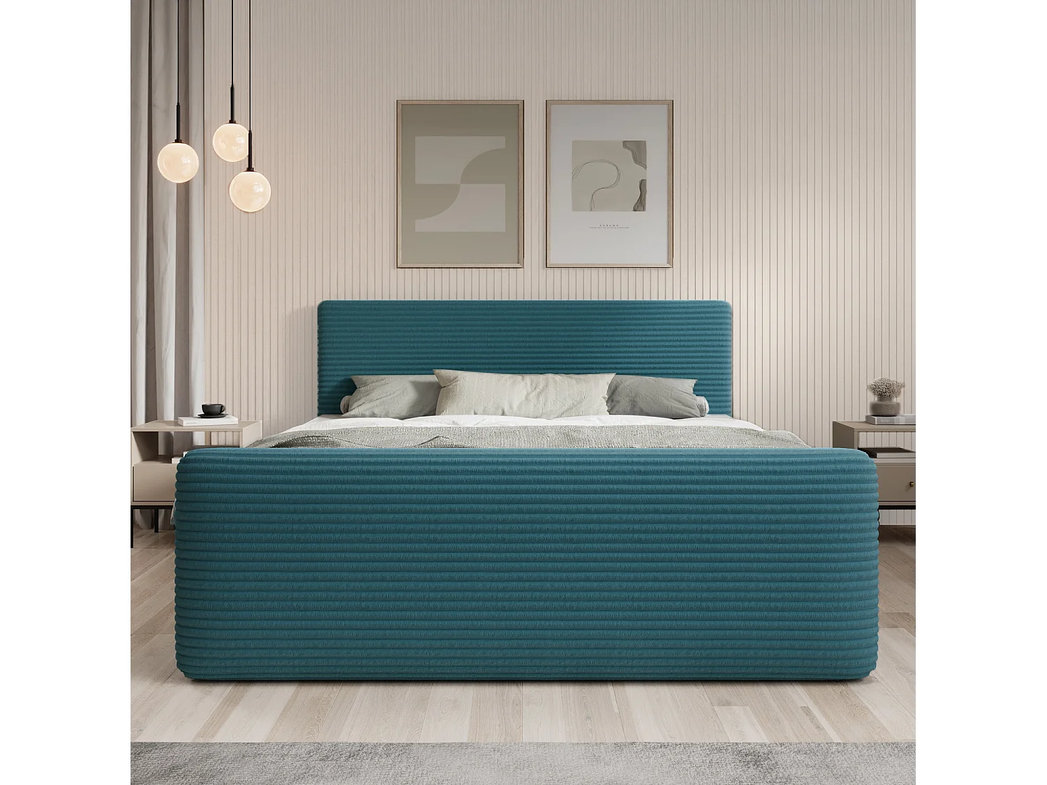 Lit coffre + matelas Napoli 180cm velours côtelé Bleu Canard