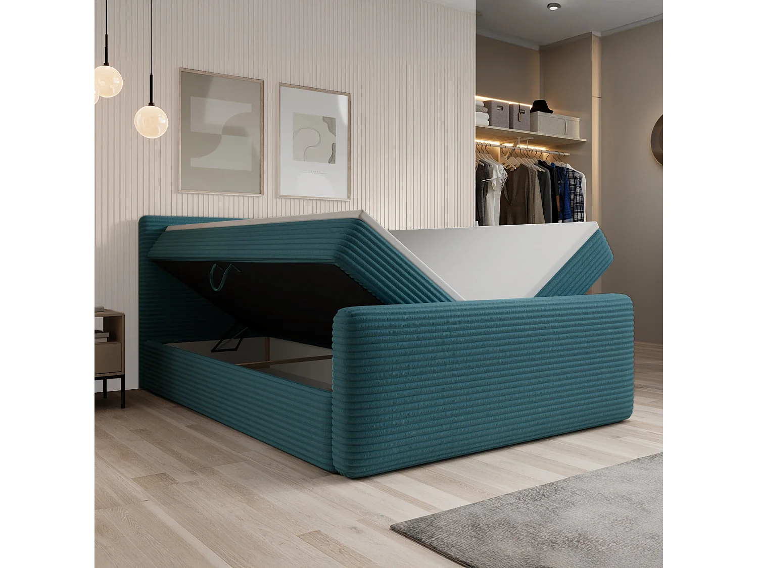 Lit coffre + matelas Napoli 180cm velours côtelé Bleu Canard