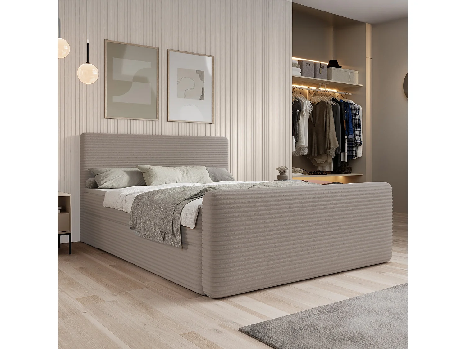 Lit coffre + matelas Napoli 160cm velours côtelé Taupe