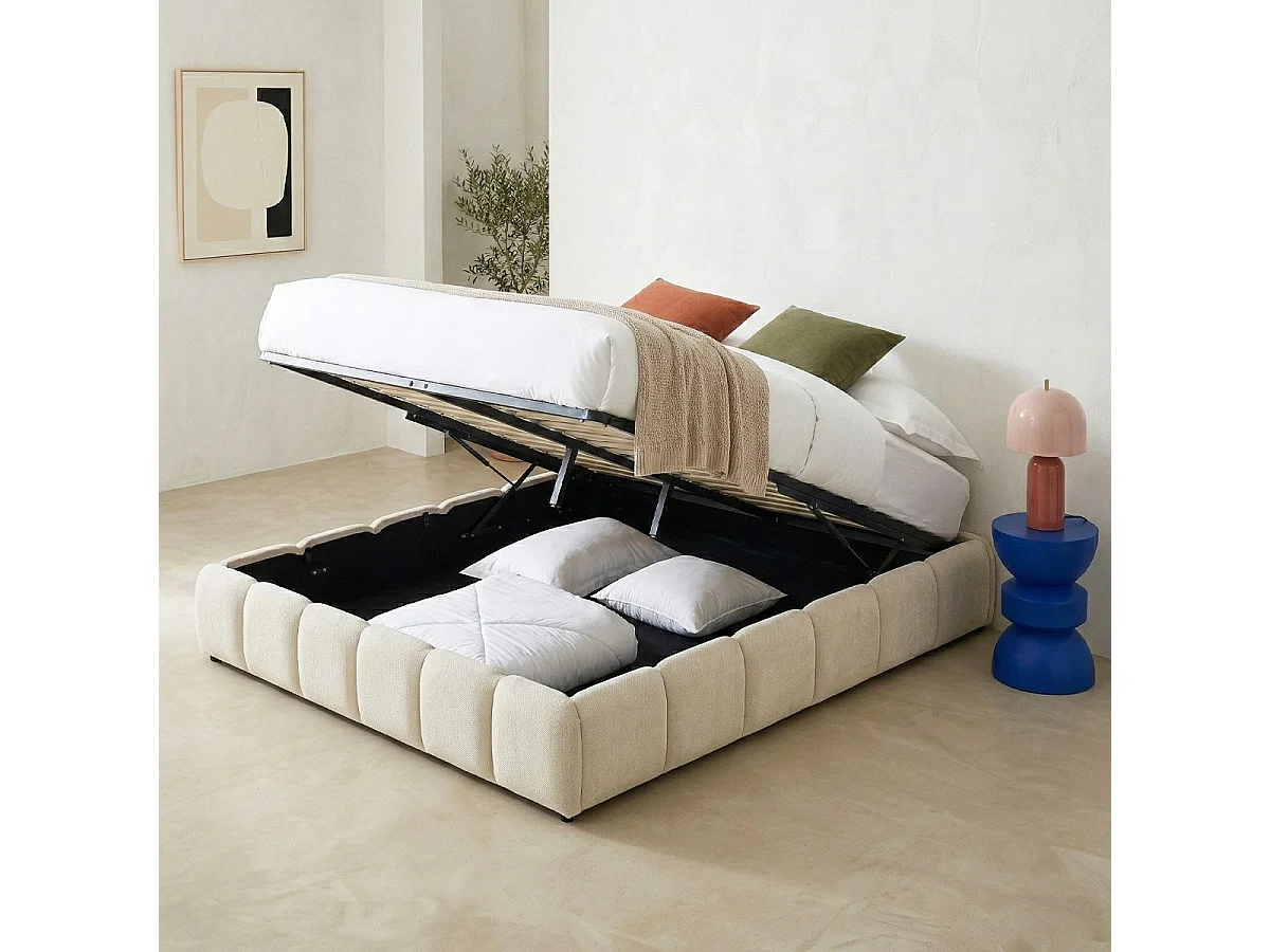 Lit coffre adulte 160x200 cm en tissu chenille beige - Nilsa