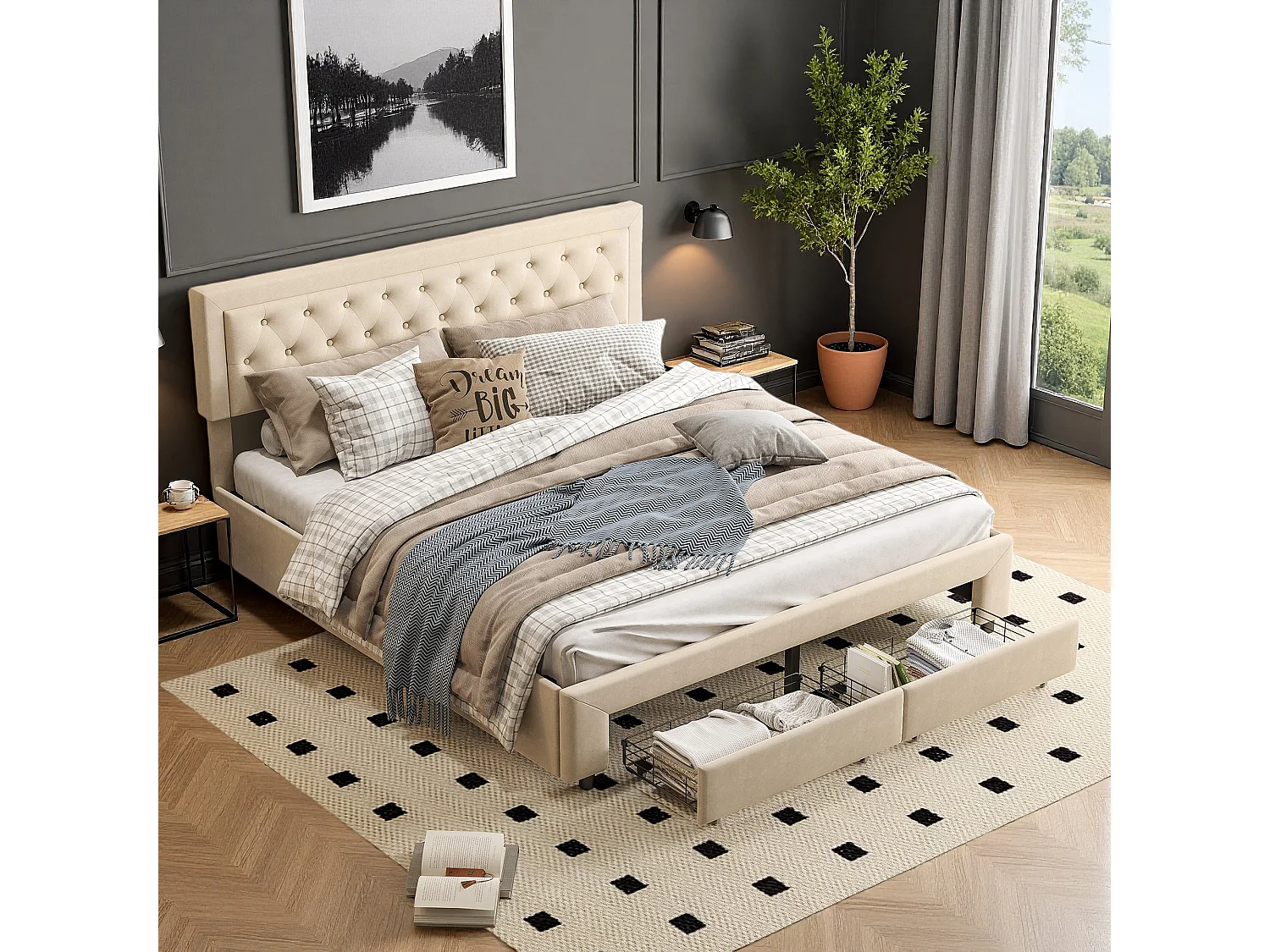 Lit coffre 160x200 cm avec tête de lit - lit adulte 160x200 cm rangements et tiroirs - sommier à Lattes - velours - beige