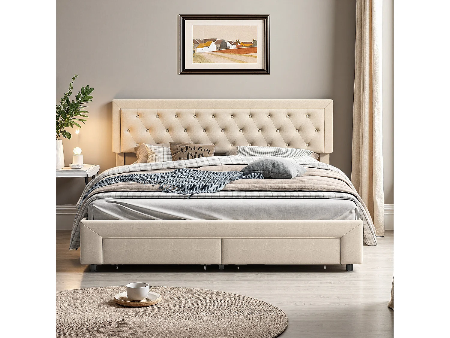Lit coffre 160x200 cm avec tête de lit - lit adulte 160x200 cm rangements et tiroirs - sommier à Lattes - velours - beige