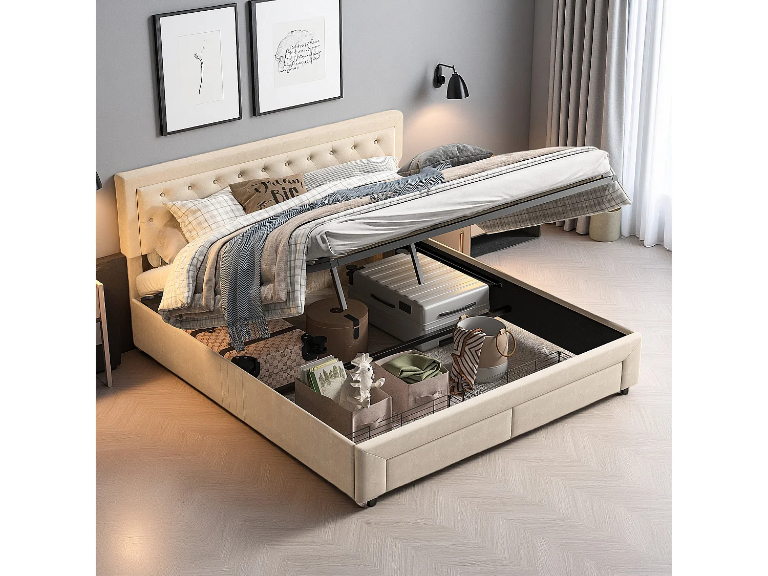 Lit coffre 160x200 cm avec tête de lit - lit adulte 160x200 cm rangements et tiroirs - sommier à Lattes - velours - beige