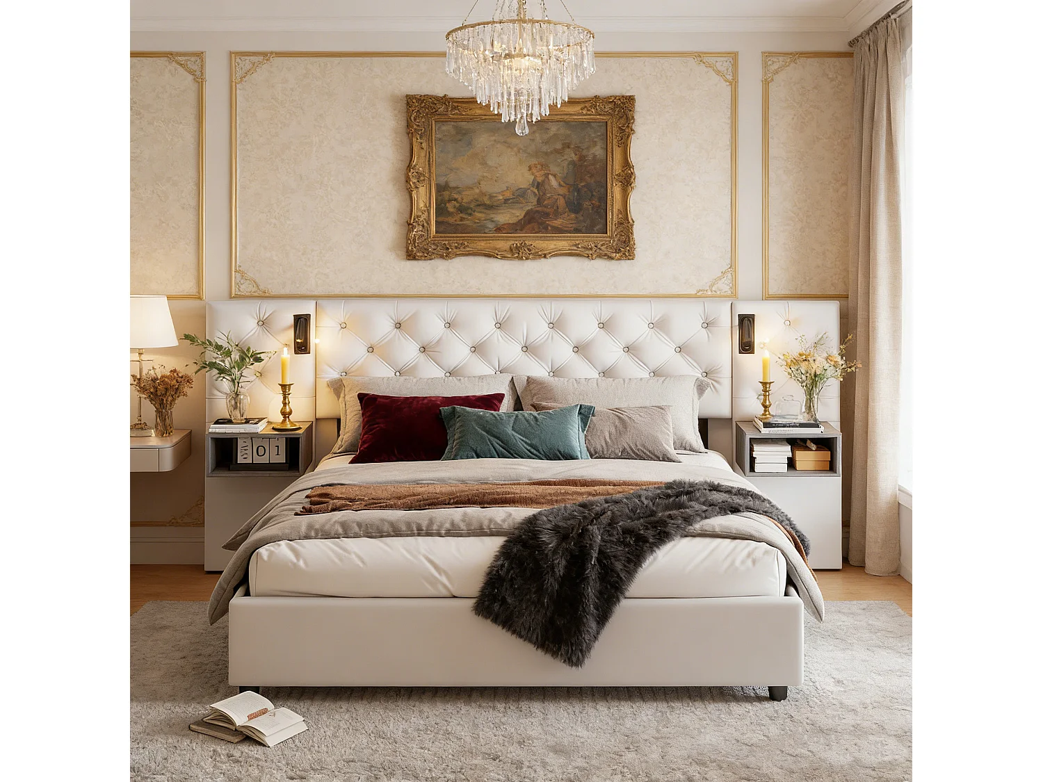 Opbergbed van 160x200 cm met lattenbodem - hoofdbord met 2 nachtkastjes - leeslampje en USB-poort - fluwelen bekleding - gebroken wit
