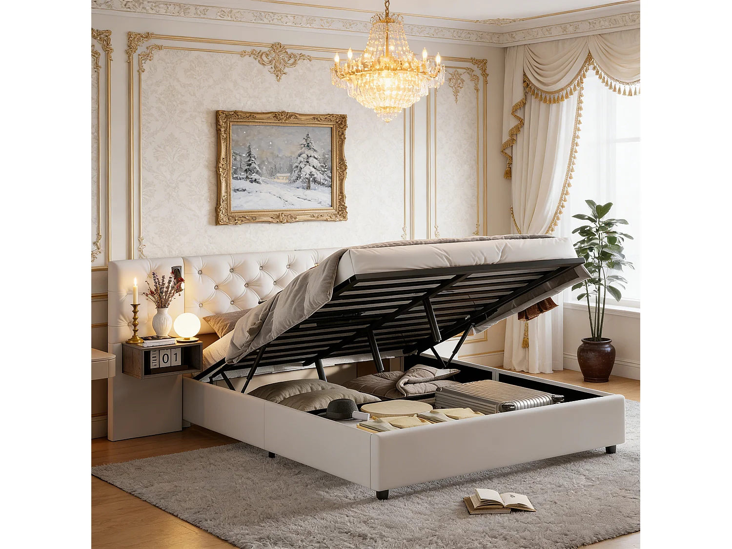 Opbergbed van 160x200 cm met lattenbodem - hoofdbord met 2 nachtkastjes - leeslampje en USB-poort - fluwelen bekleding - gebroken wit