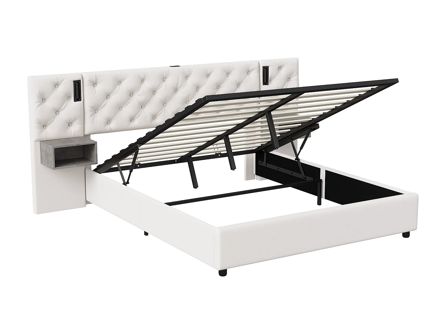 Opbergbed van 160x200 cm met lattenbodem - hoofdbord met 2 nachtkastjes - leeslampje en USB-poort - fluwelen bekleding - gebroken wit