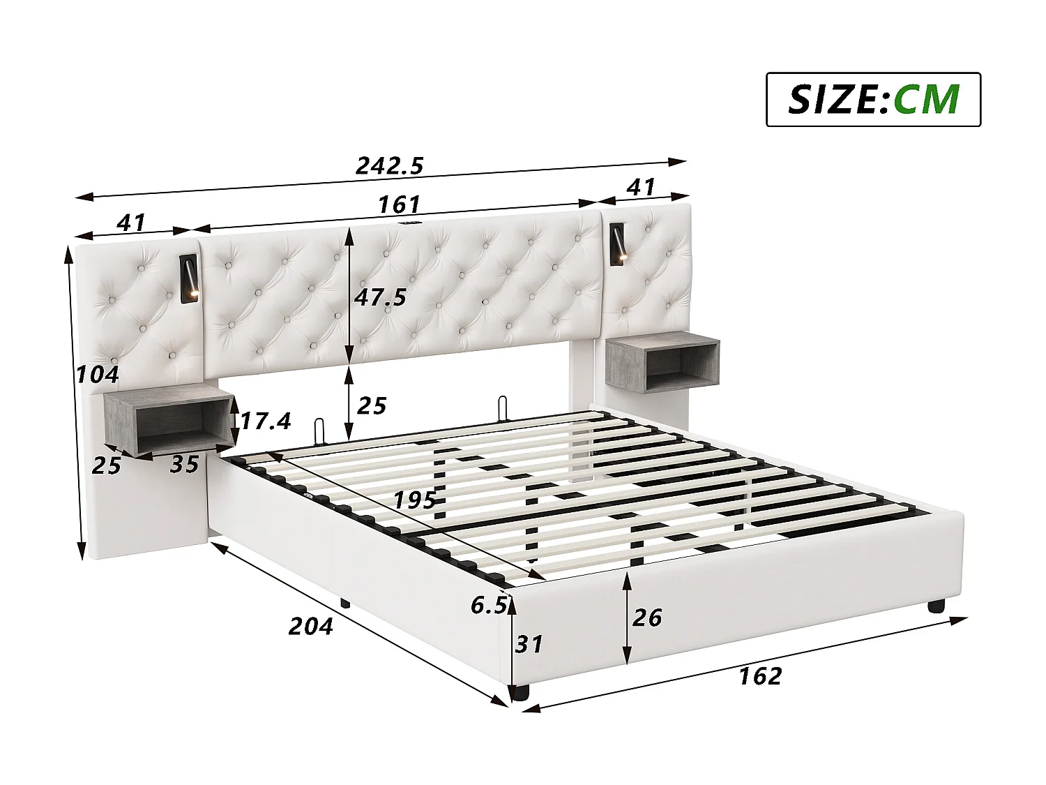 Opbergbed van 160x200 cm met lattenbodem - hoofdbord met 2 nachtkastjes - leeslampje en USB-poort - fluwelen bekleding - gebroken wit