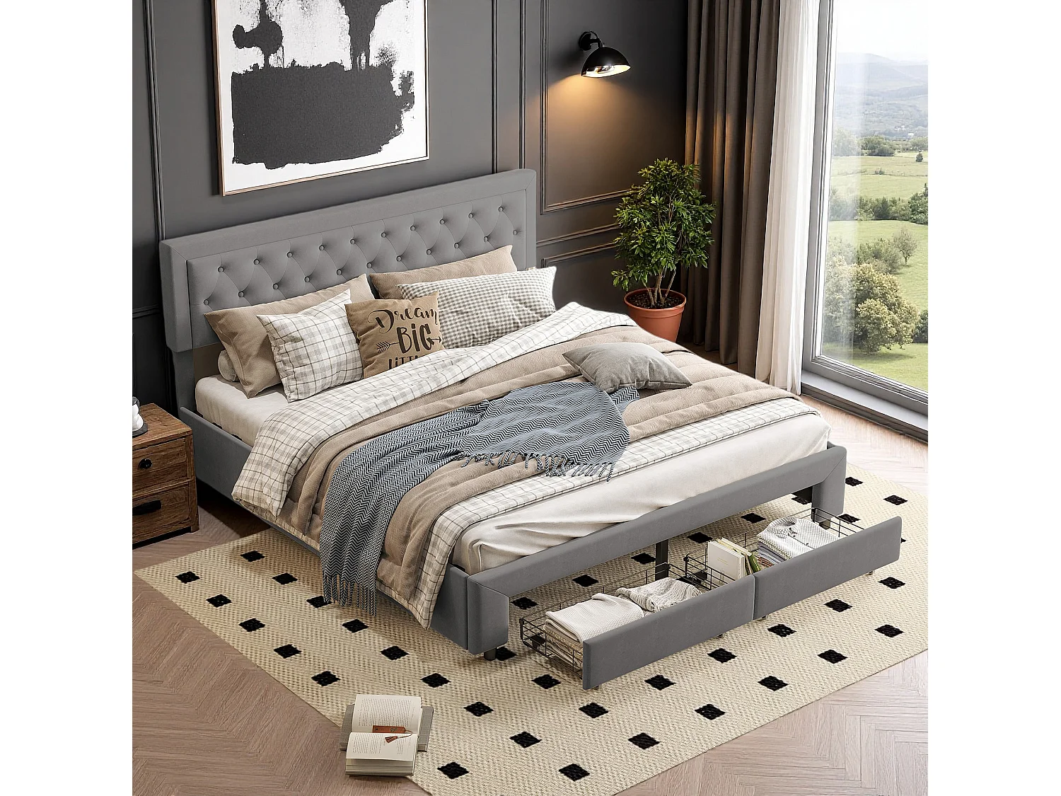 Lit coffre 160x200 cm avec tête de lit - lit adulte 160x200 cm rangements et tiroirs - sommier à Lattes - velours - gris