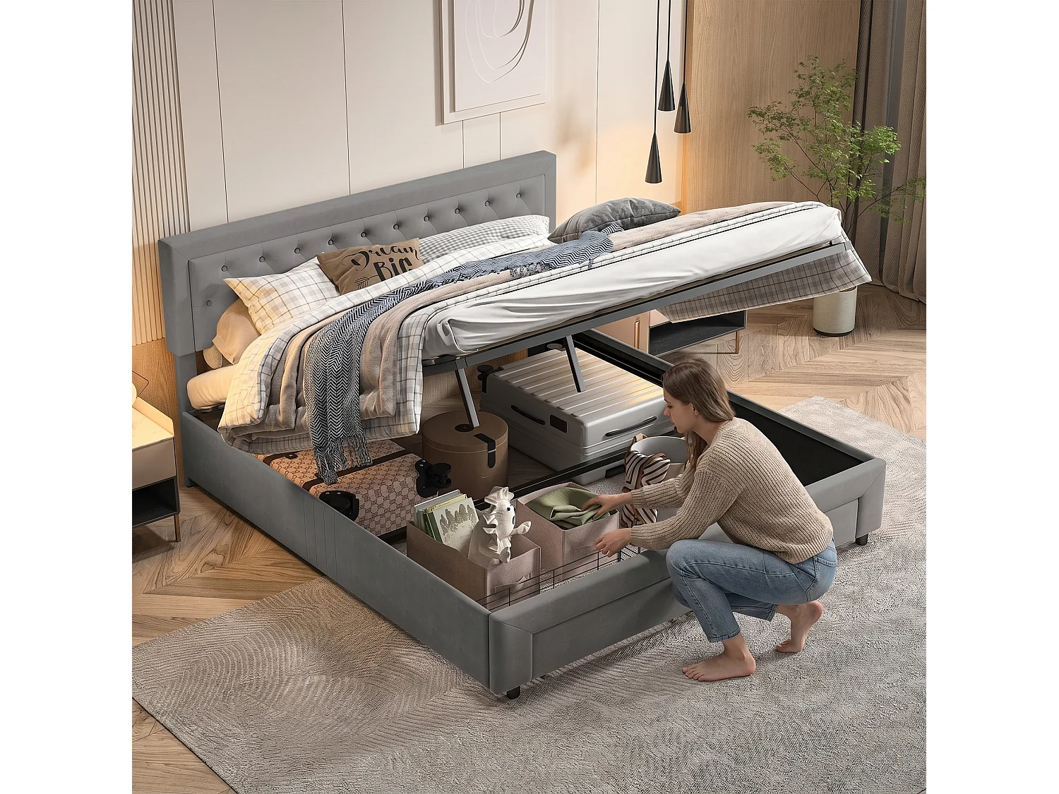 Lit coffre 160x200 cm en velours gris - Lit adulte avec tête de lit rembourrée, sommier à lattes et tiroirs de rangement