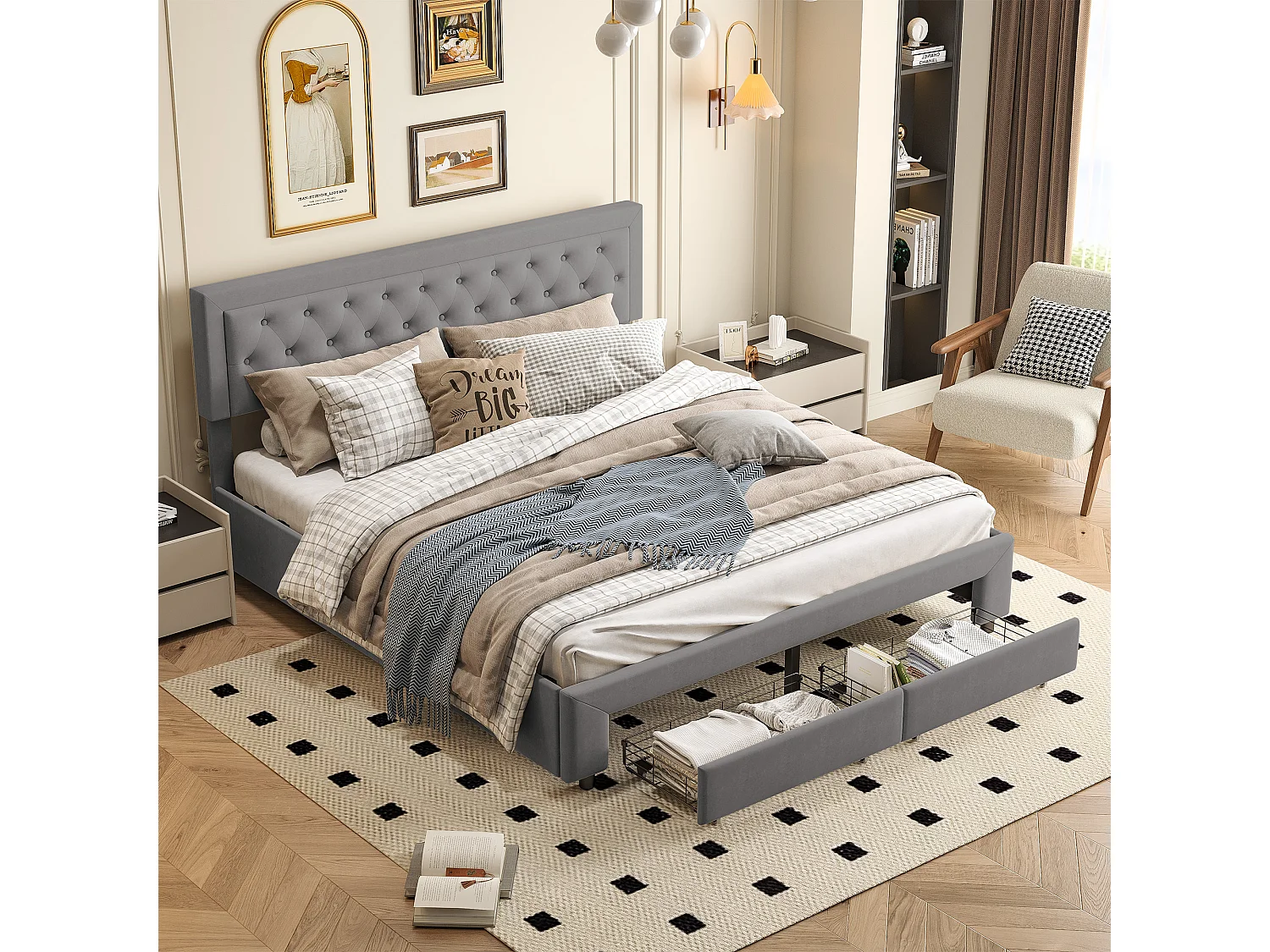 Lit coffre 160x200 cm en velours gris - Lit adulte avec tête de lit rembourrée, sommier à lattes et tiroirs de rangement
