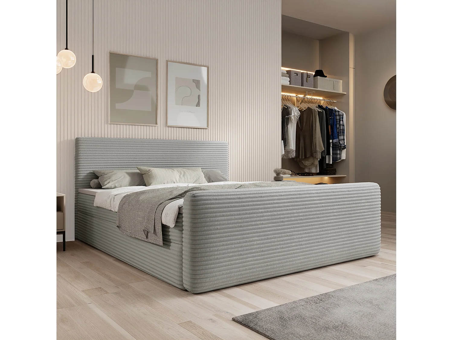 Lit coffre + matelas Napoli 140cm velours côtelé Gris Clair
