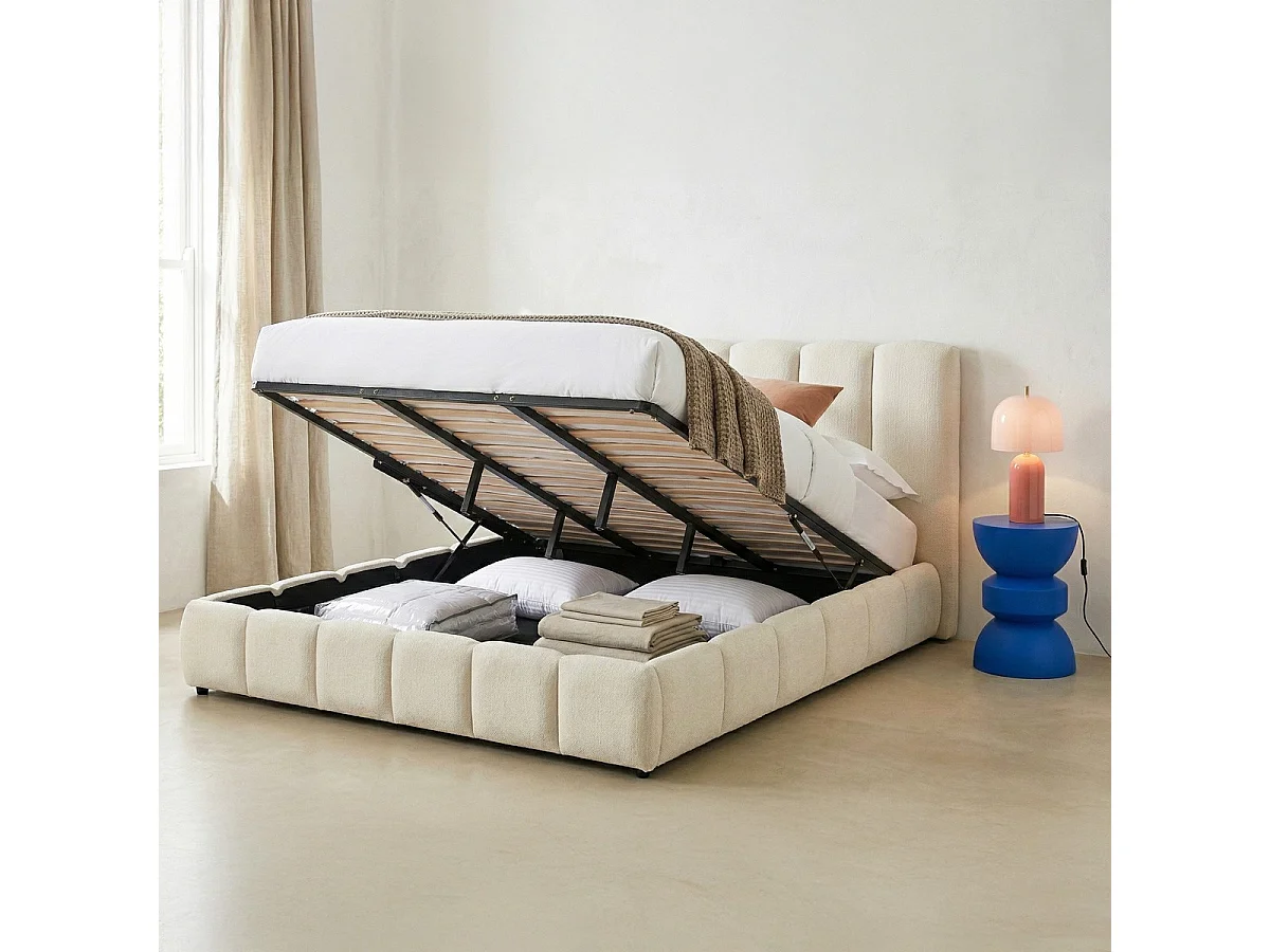 Lit coffre adulte 180x200 cm avec tête de lit capitonnée en tissu chenille beige - Nils