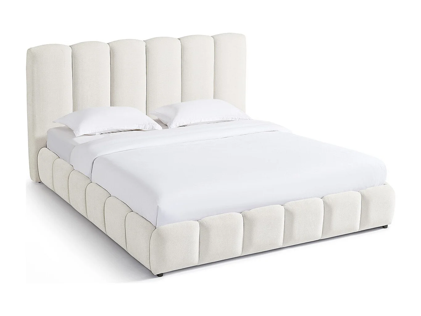 Lit coffre adulte 180x200 cm avec tête de lit capitonnée en tissu chenille beige - Nils