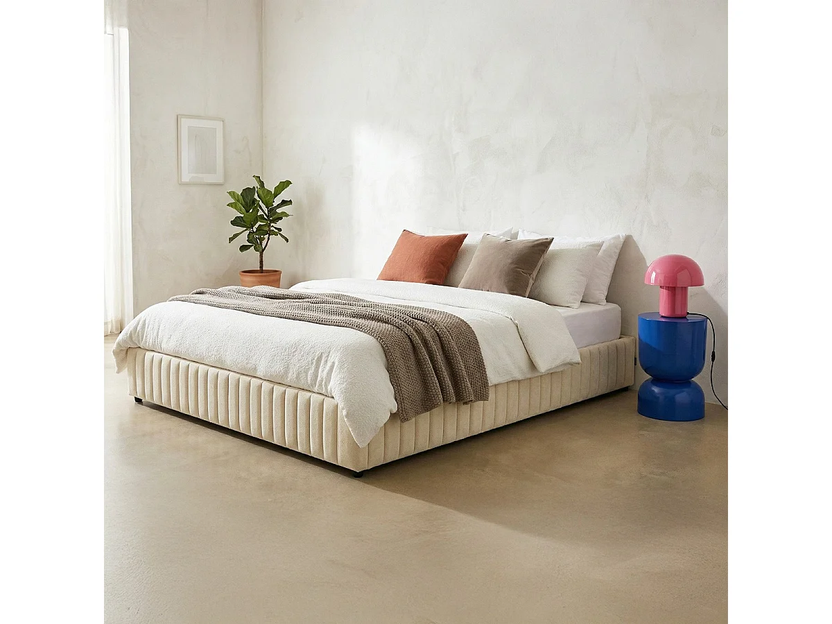 Lit coffre adulte 180x200 cm en tissu chenille beige - Balto