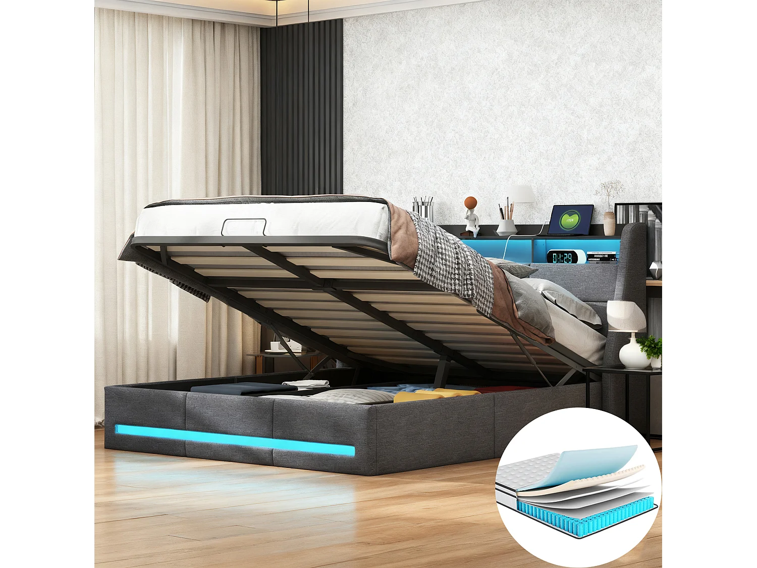 Ensemble complet lit coffre 140x190 cm - Matelas tête de lit capitonnée et sommier à lattes - lit adulte avec LED et USB - Lin - gris