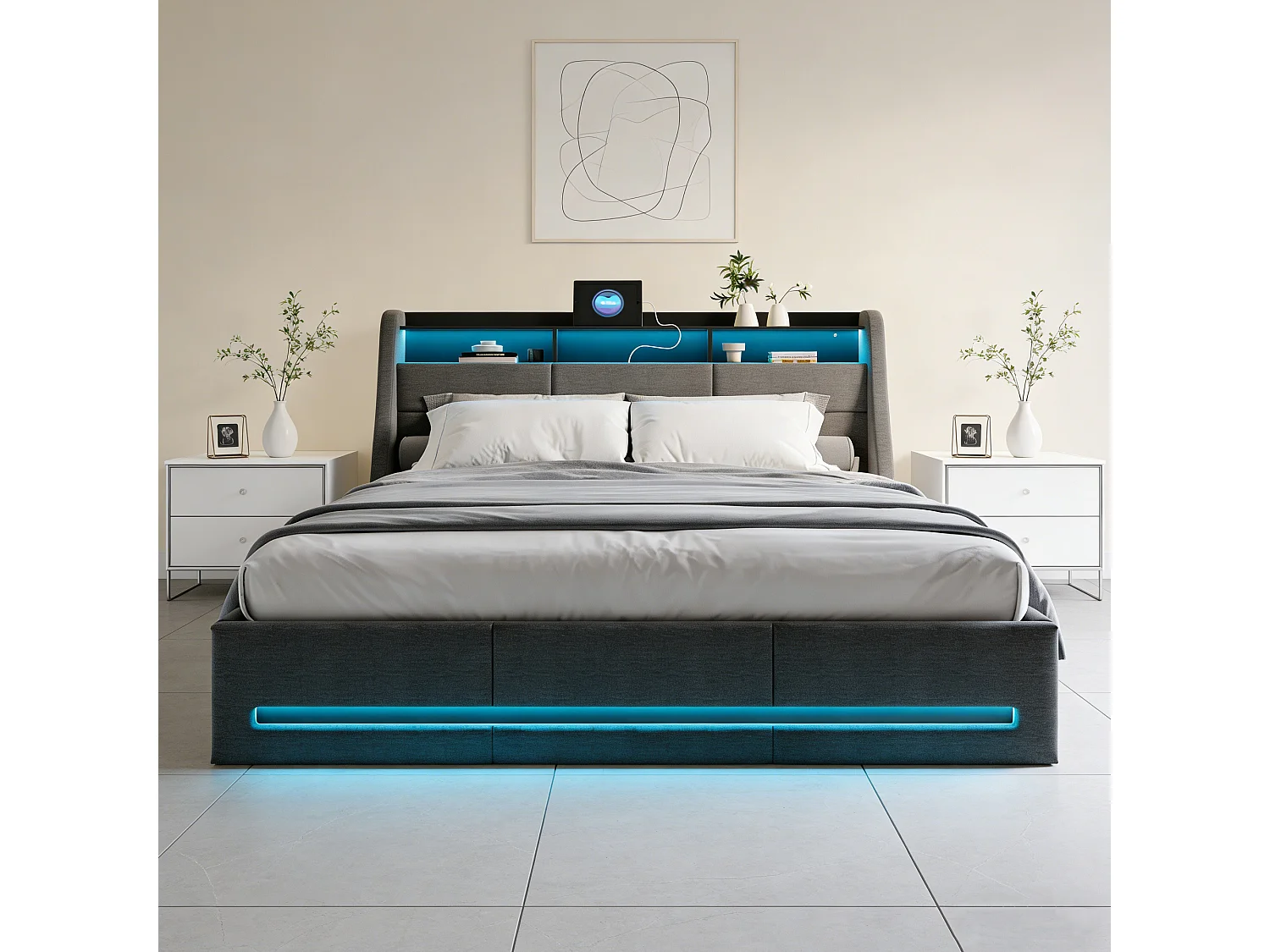 Ensemble complet lit coffre 140x190 cm - Matelas tête de lit capitonnée et sommier à lattes - lit adulte avec LED et USB - Lin - gris