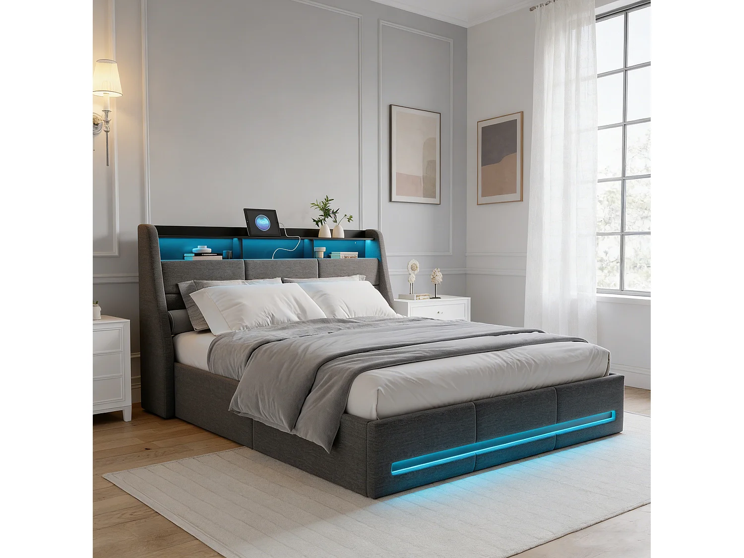 Ensemble complet lit coffre 140x190 cm - Matelas tête de lit capitonnée et sommier à lattes - lit adulte avec LED et USB - Lin - gris
