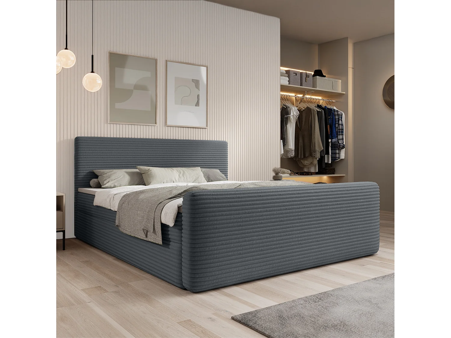 Lit coffre + matelas Napoli 140cm velours côtelé Gris Foncé