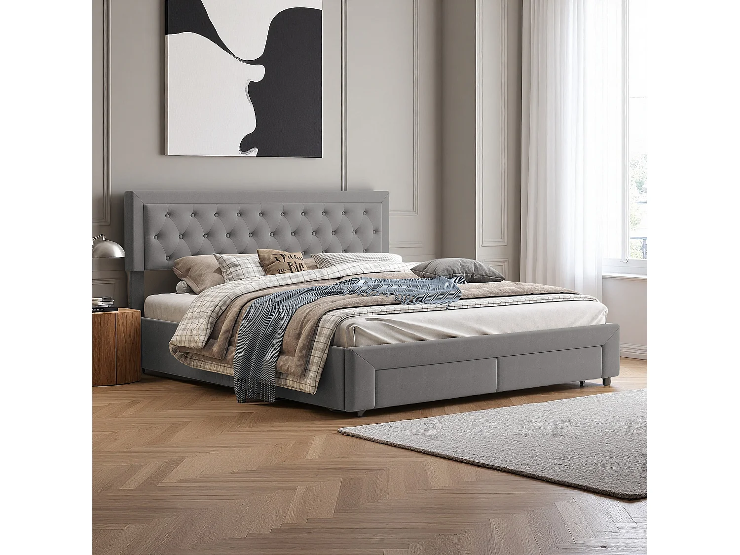Lit coffre 180x200 cm avec tête de lit - lit adulte 180x200 cm rangements et tiroirs - sommier à Lattes - velours - gris