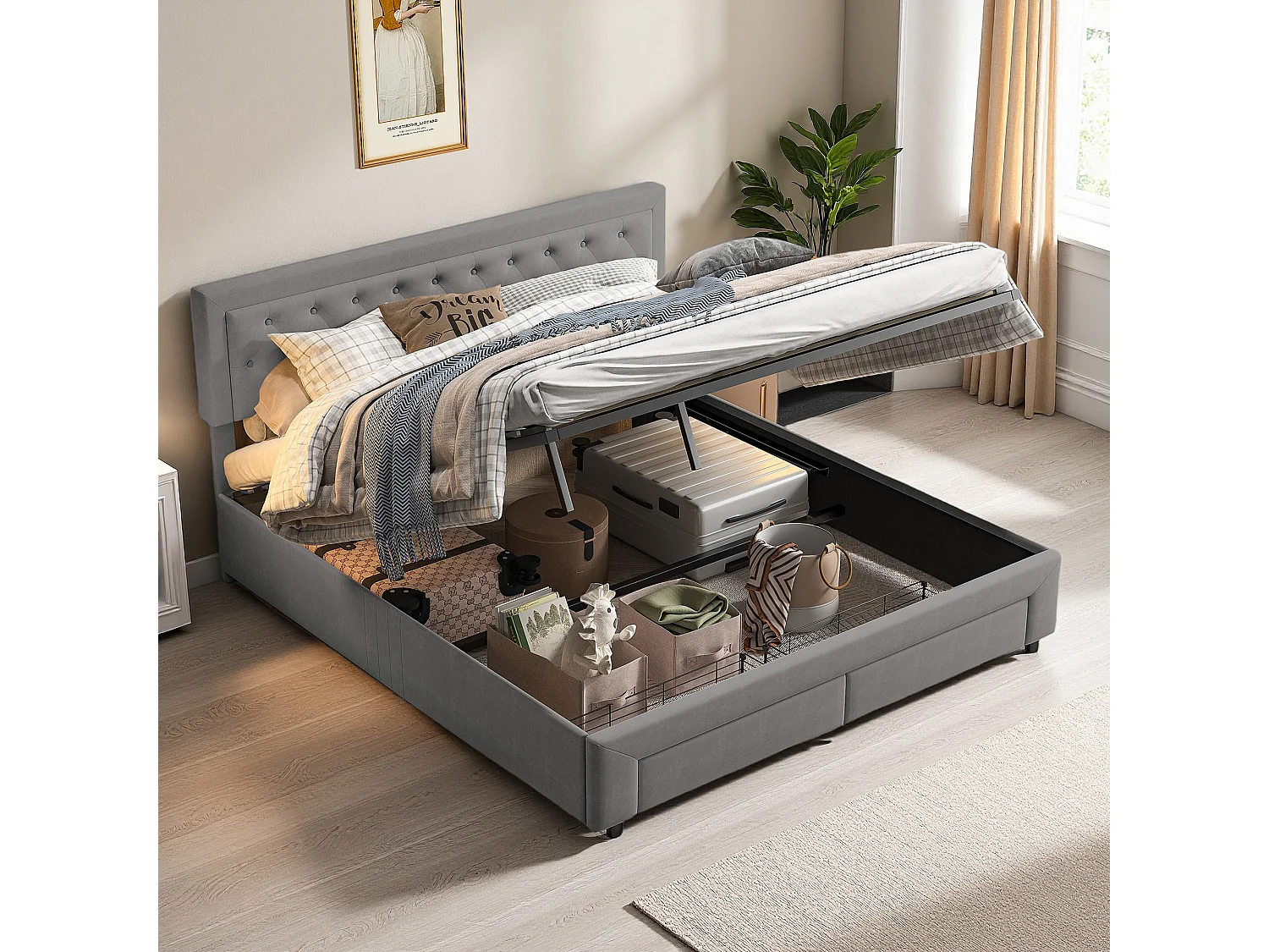 Lit coffre 180x200 cm avec tête de lit - lit adulte 180x200 cm rangements et tiroirs - sommier à Lattes - velours - gris