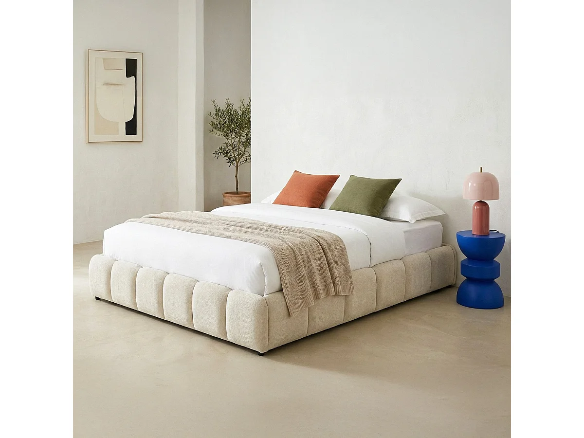 Lit coffre adulte 140x190 cm en tissu chenille beige - Nilsa