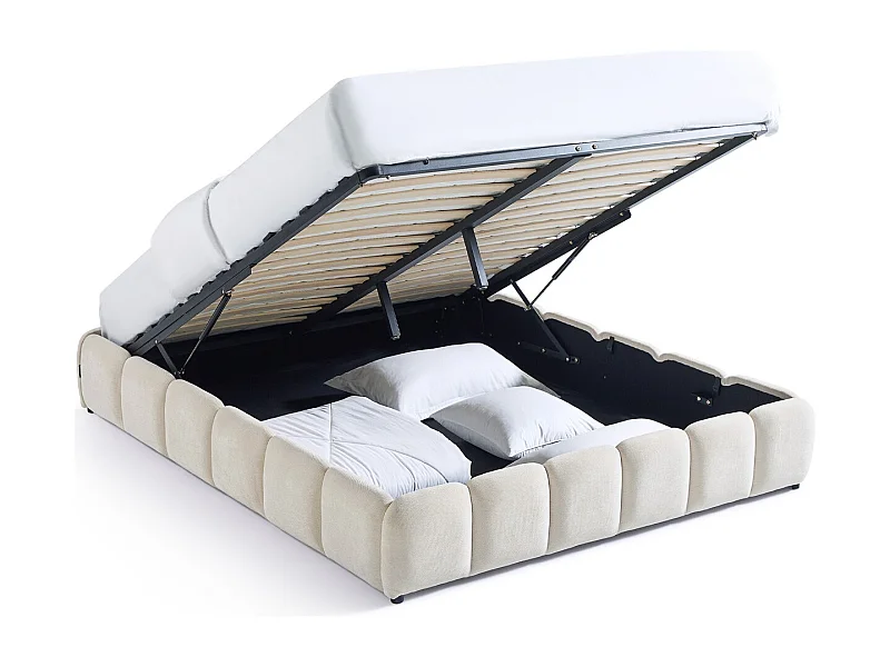 Lit coffre adulte 140x190 cm en tissu chenille beige - Nilsa