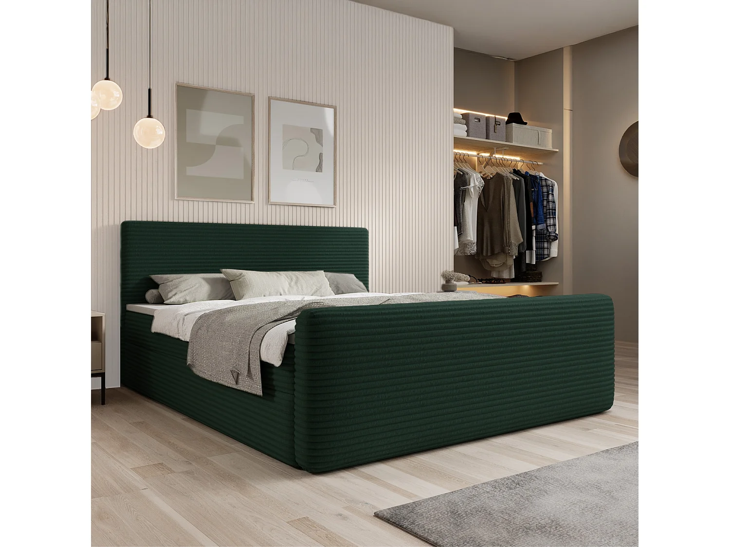 Lit coffre + matelas Napoli 180cm velours côtelé Vert