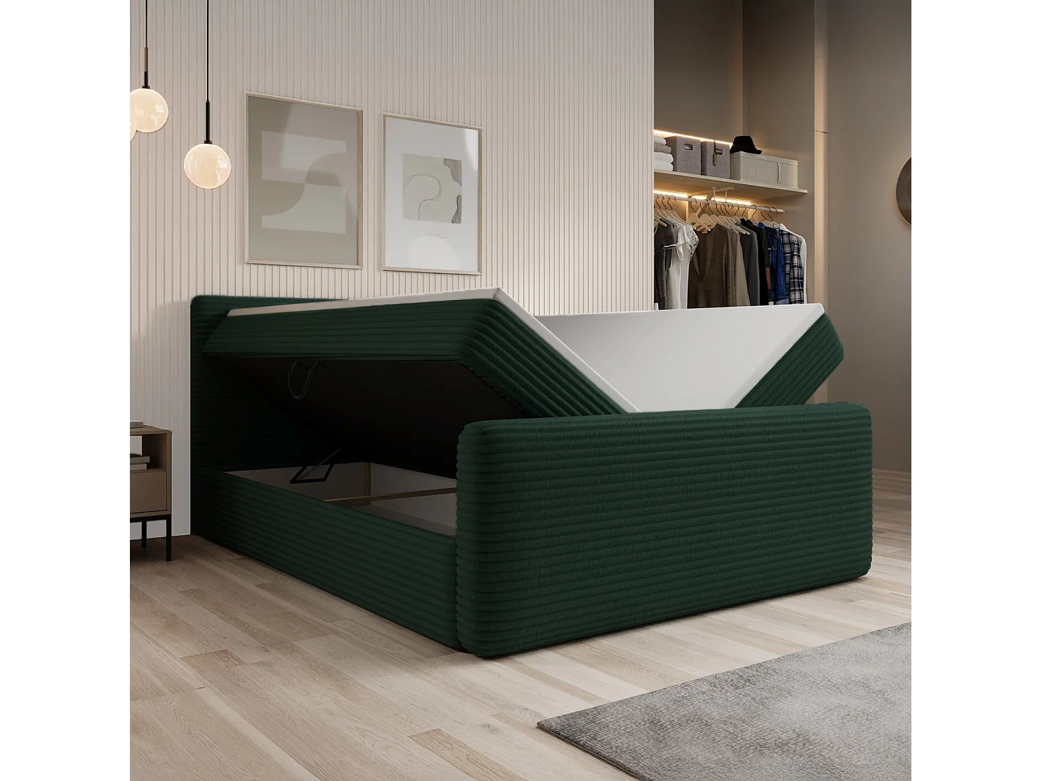 Lit coffre + matelas Napoli 180cm velours côtelé Vert