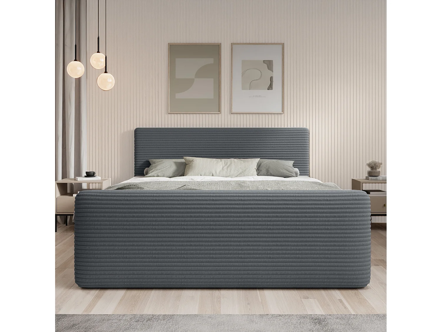 Lit coffre + matelas Napoli 160cm velours côtelé Gris Foncé