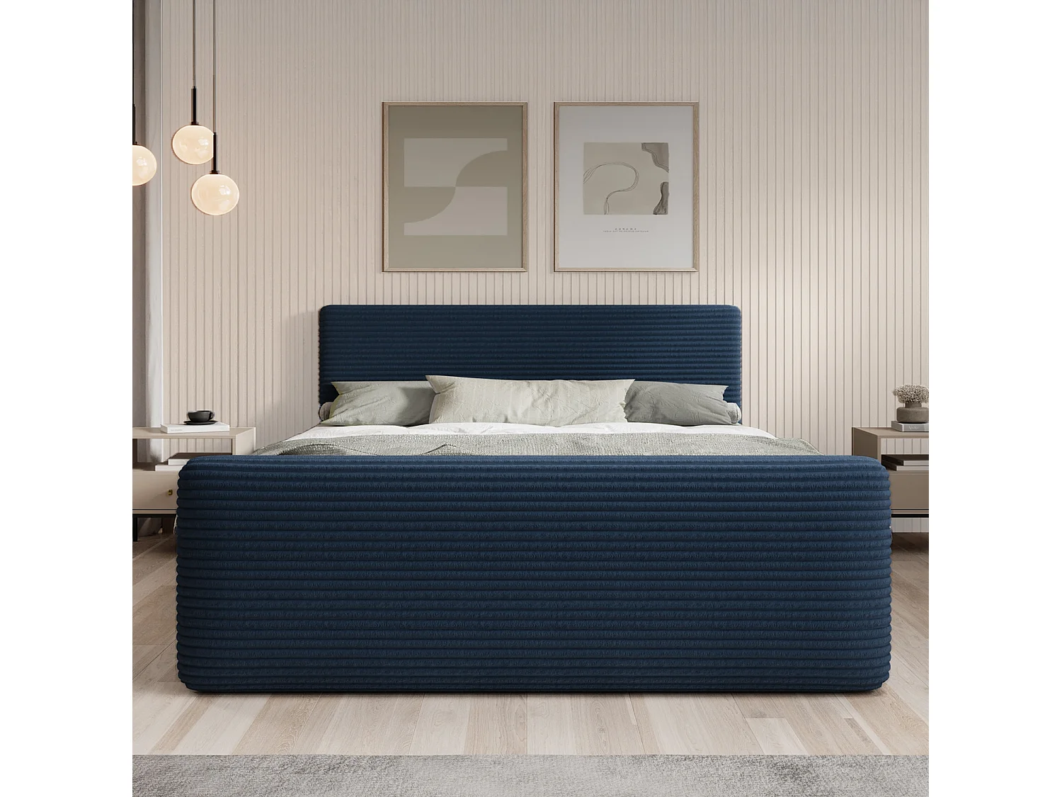 Lit coffre + matelas Napoli 140cm velours côtelé Bleu