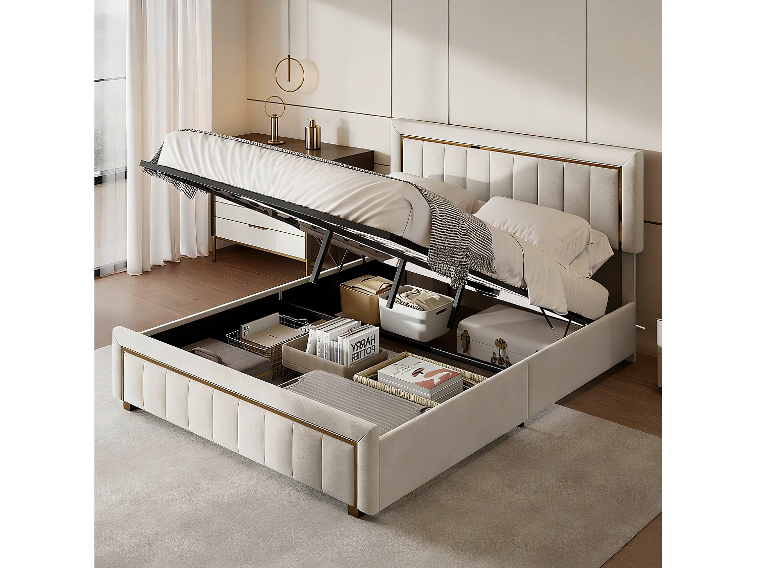 Lit coffre 140x190 cm avec sommier à latte - lit 140x190 design français avec rangement - Velours - blanc cassé