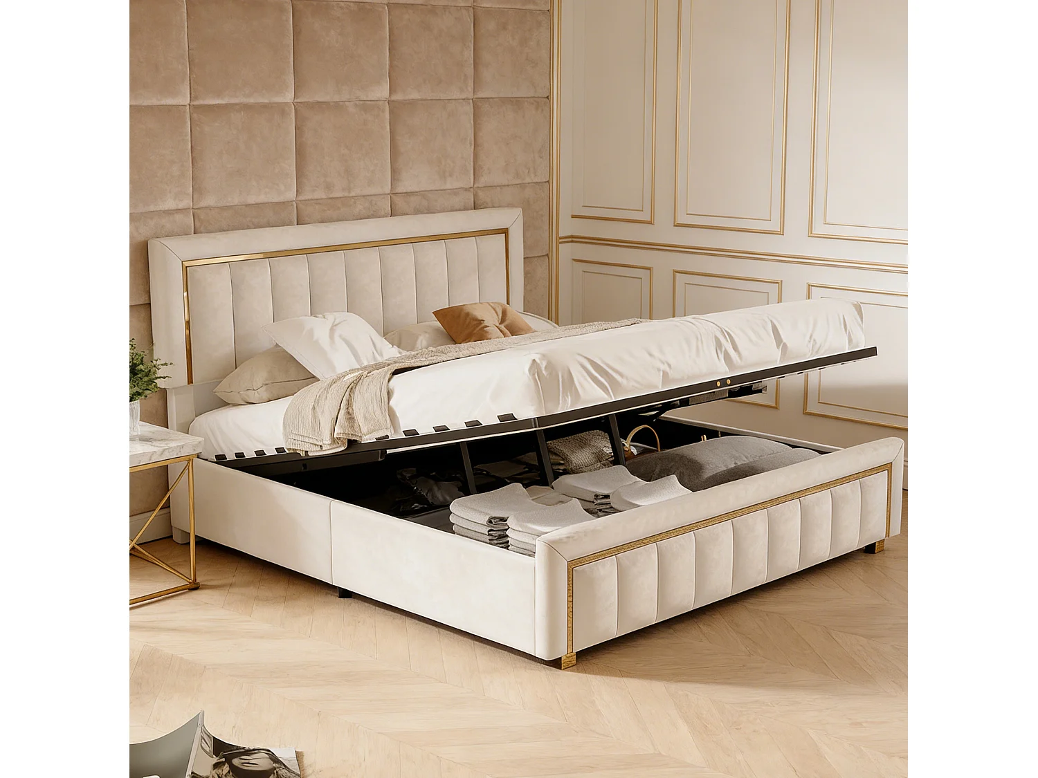 Lit coffre 140x190 cm avec sommier à latte - lit 140x190 design français avec rangement - Velours - blanc cassé