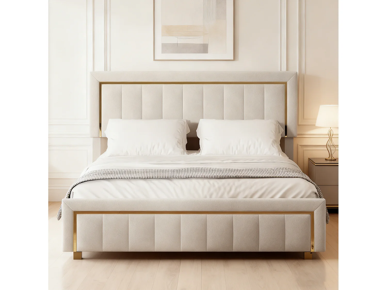 Lit coffre 140x190 cm avec sommier à latte - lit 140x190 design français avec rangement - Velours - blanc cassé